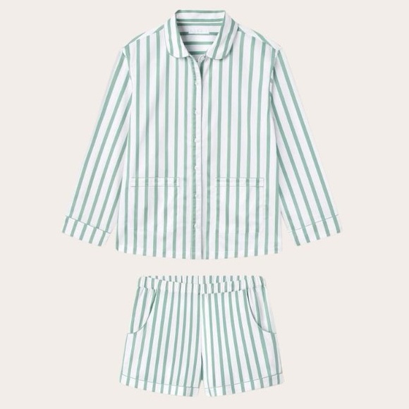 Lake Poplin Pocket Button Up Shirt Pajama Set Green & White Stripe - Picture 1 of 12